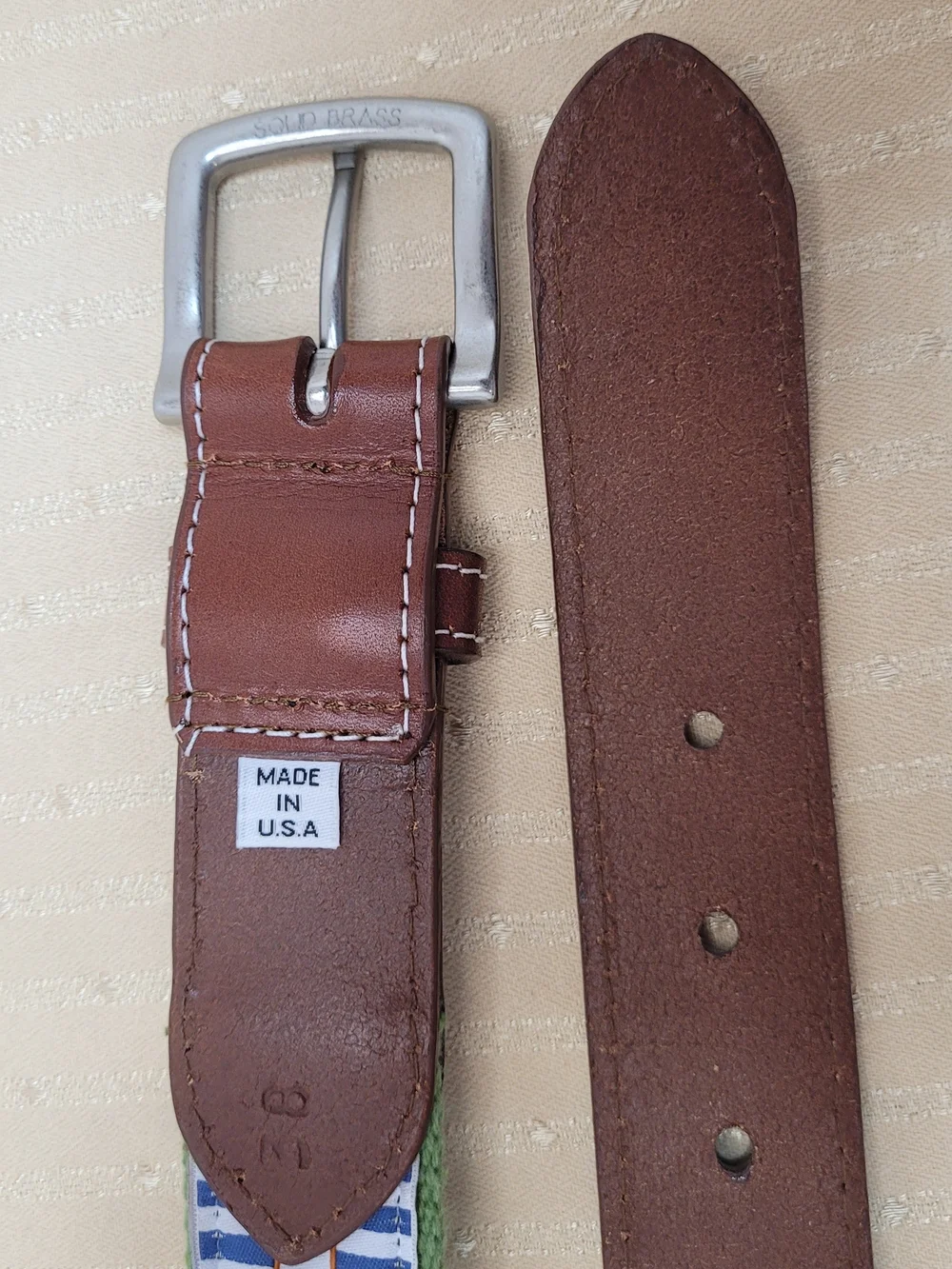 Peter Millar Bandon Trails Golf Belt Size 38 Canvas Leather Butterfly Logo Green
